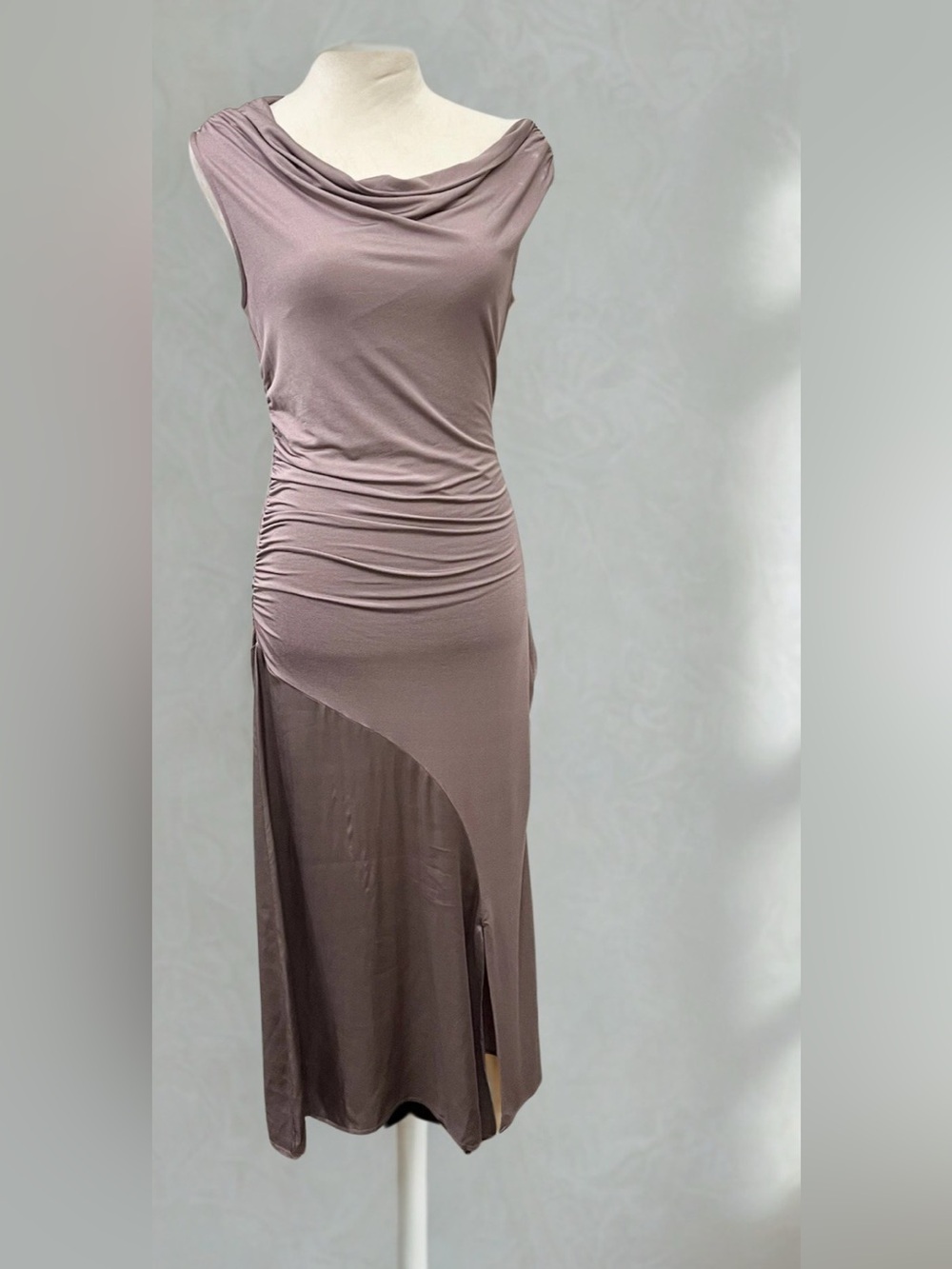 NWT Anthropologie Asymmetrical Slim Midi Dress – Mauve/ Taupe, Size L - Picture 5 of 8